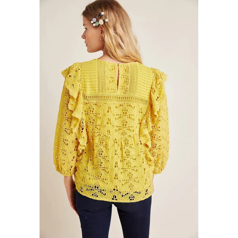 Anthropologie Maeve Clementine Lace Blouse Size 0 Yellow Ruffles